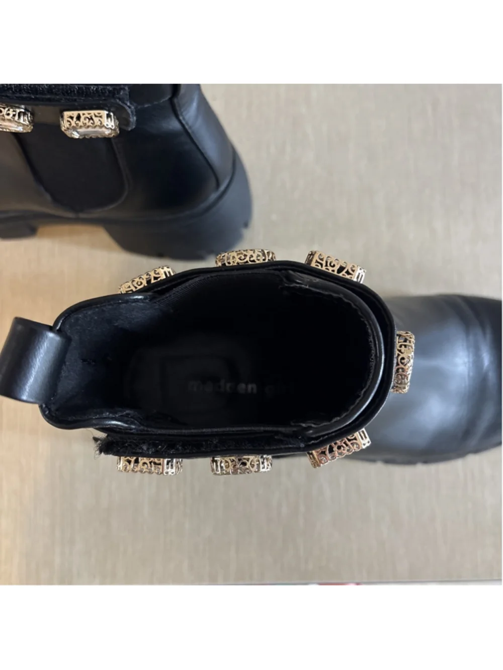 Steve Madden Amulet Ankle Boots Blk Chunky Lug Sole Jeweled Strap 8M (1190)